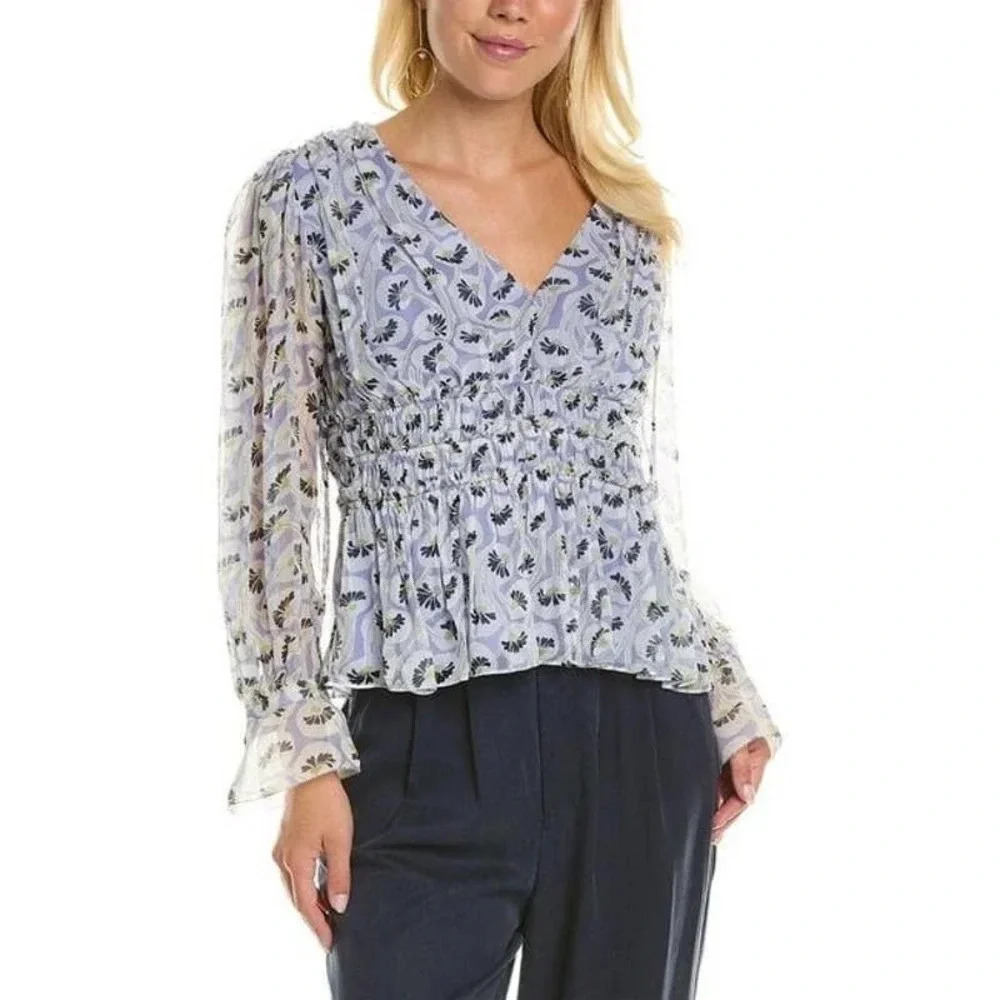 NWT Rebecca Taylor Deco Floral Print Silk Blouse - Fleur Aster Ruffle Peplum